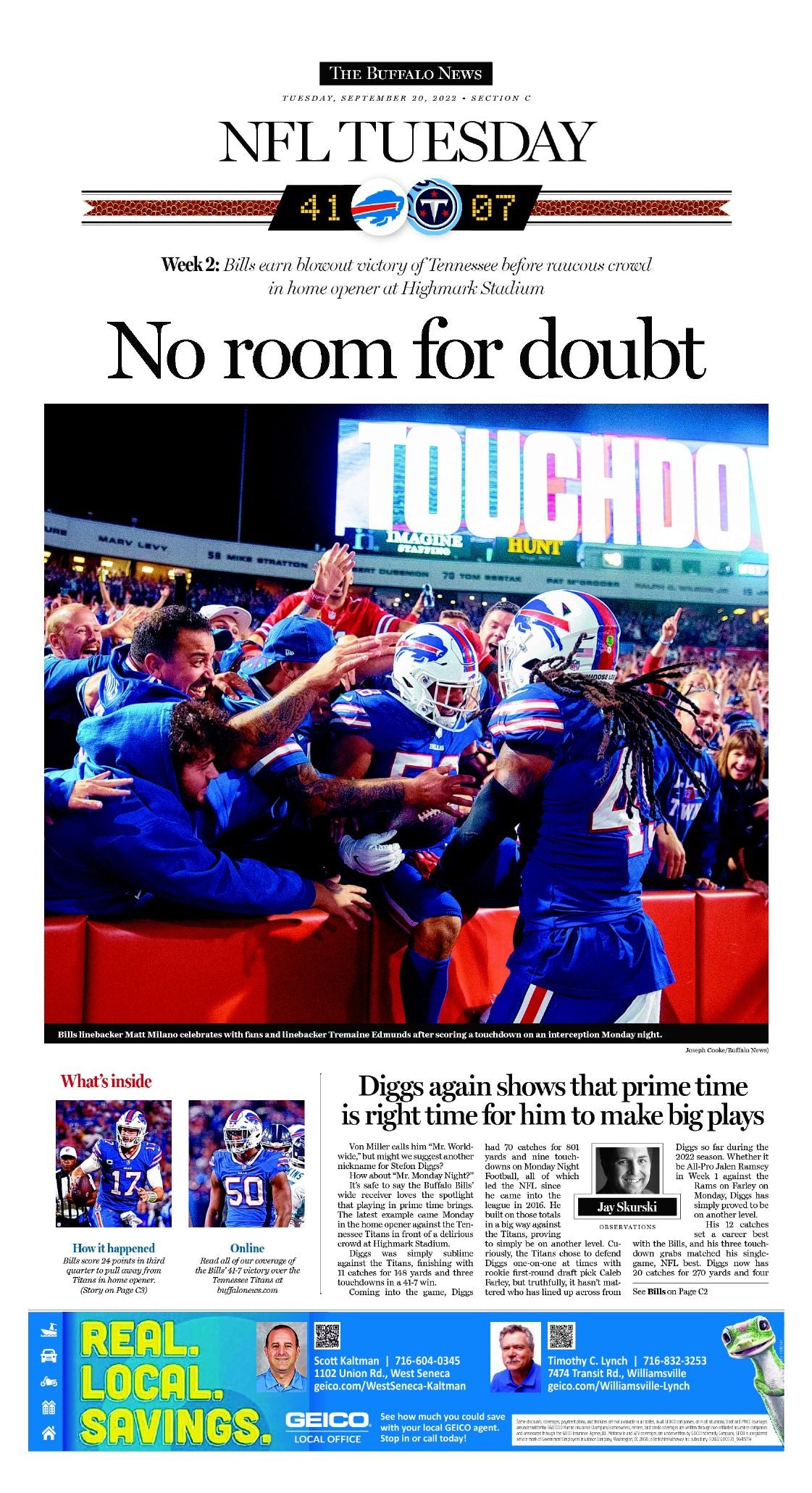 "No room for doubt"  Buffalo News Sports Section Poster, September 20, 2022