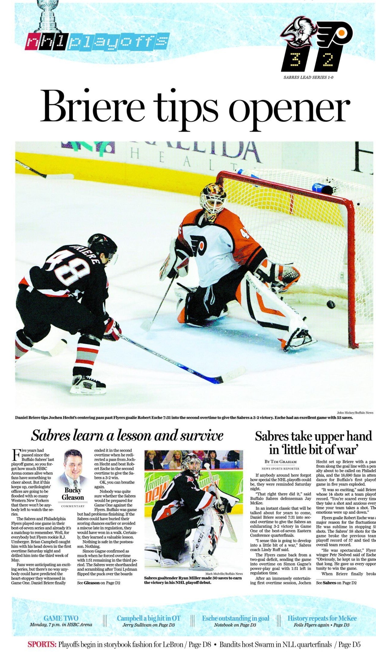 Briere Tips Opener sports page reprint