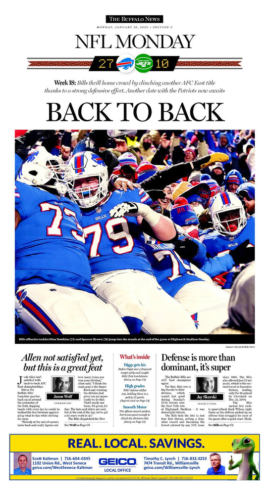 "Back To Back" -  Buffalo News Sports Section Poster, January 10, 2022